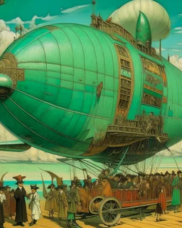 A mint colored airship with fans painted by Paul Gauguin