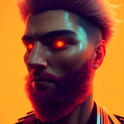 A beautiful portrait of a cyberpunk man facing camera orange color scheme, high key lighting, volumetric light high details with white stripes and feathers unreal 5, octane render, cinema4d, dynamic lighting, dramatic lighting, 4k, redshift render, highly detailed, hyper realistic