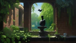 This surrealist painting depicts an old brick wall with a window through which a classical statue can be seen. The statue, a female torso, stands in a garden with a lake in the background. The window is barred, and ivy climbs up the sides of the brick wall. In the foreground, a black crow perches on the windowsill. The lighting is soft and diffuse, creating a dreamlike atmosphere.