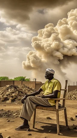 Sudanese man sitting on a chair , overseeing vast destruction and smoke