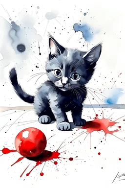 painting of a small black kitten playing with a red ball of yarn under a wooden table, in watercolour, in the background a room with blue walls, splatter, art, aquarell, pastell, ink, soft, negative space, white outlines