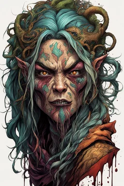 highly detailed full color, concept illustration of an ancient, haggard, world weary, female druid anti heroine character , maximalist, sharp focus, highest resolution, in the styles of Alex Pardee, Denis Forkas , and Masahiro Ito, boldly inked, 8k, coarse, gritty textures