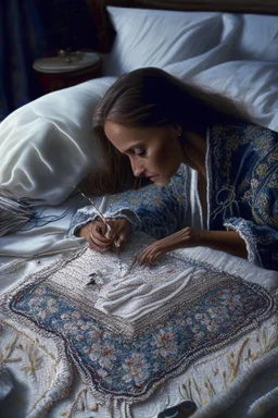 Hand sewn and embroidered Alicia Vikander, threads, sewing needles on a table on lace blanket in a luxury bedroom