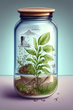 drawing of saving and preserving the environment in a jar and all pollution outside the jar