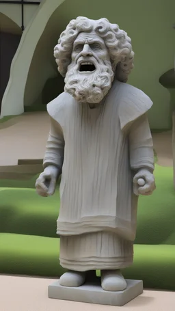 Ceramic style statue all colours are dark grey of an old church man from the 1200 BC , the head of dead man with thick curly hair and his eyes are open wide and open mouth with rage ,