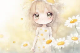 cute chibi daisy girl in sunshine, watercolor and black ink outlines, sparkling golden glitter, ethereal, cinematic postprocessing, bokeh, dof