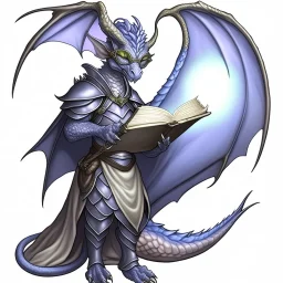 A dragonoid human with grey scales and large glasses along with a long, flexible tail, studying a magical shield