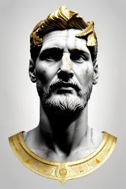 Ultra Realistic image, Roman sculpture, white marble material, Lionel Messi, gold Laurel leaves wreath, renaissance ornaments, one gold star in heart, marble and gold ornaments background, chisel style, waist up portrait, emperor style, epic, celestial, cinematic lighting, God light, god rays, 4k resolution, smooth details, ornate details, soft lighting, unreal engine 5, art station, substance 3d.