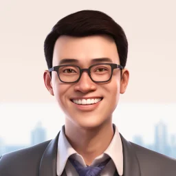 a portrait of smiling a man. netherlands-indonesia blood. round 40years old. carricature. dark black hair. short hair. light brown skin. dark brown eye pupils. wearing small rectangle, thin frame glasses. square face shape. formal dress. pixar style. 3D. 4k. portrait. highly detailed. sharp focus. high resolution. full color. cinema lighting