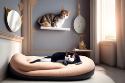 Lifelike cat-shaped bed with a cat lying on it in an elegant bedroom, bedside table, window, pictures on the walls in sunlight.