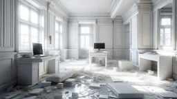 deconstructed interior with figures, old computers on floor, tubes, pale white walls, white walls on the floor walls, 3 d render, ultra - detailed, 8 k, resolution, ultrarealistic illustration, octane render, unreal engine, trending on artsstation