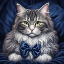 A Main Coon cat gray and white on a midnight blue velvet pillow and wearing a berry bow around her neck. Illustrative art, art interpretation, concept art, cgsociety contest winner, seasonal art, seasonal art HD, 4k, 8k, intricate, detailed, intricately detailed, luminous, translucent fantasy crystal, holographic data, soft body, shadow play, light, fog, atmospheric, cinematic, light film, hyper-detailed, hyper-realistic, masterpiece, atmospheric, high resolution, 8k, HDR, 500px, mysterious and