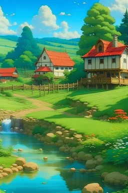 a beautifull farm, a river, ghibli style