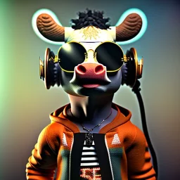 Cow toddler, smile, steampunk headphone, sunglass, gangsta neckless, full body, orange puffer jacket, tokio background, dramatic lighting, hyper realistic, unreal engine 5, 16k