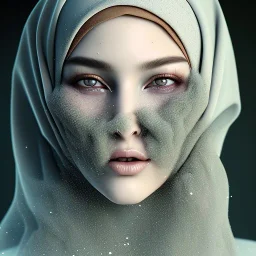 close up portrait of woman in hijab dissolving into blowing dust, dissolving into multiple particles of swirling fog, fine detail, highly intricate, modern surrealism painting, high-quality, volumetric lighting, 8k, ultrahd, George Grie, Marco Escobedo, Igor Morski,Brian Froud, Howard Lyon, Selina French