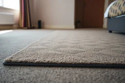 generate a closeup of a motel room floor, the carpet should show a rectangle that once clearly had a rug there