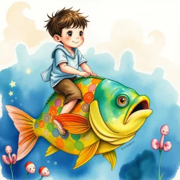 water color painting of young boy riding colorful fish, storybook illustration by Esao Andrews, cgs society, pop surreal, whimsical