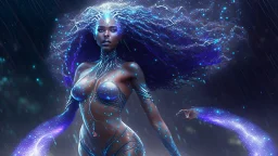 Dancer out in the Rain. Full body 3d image, an extraterrestrial species,bioluminescent skin. comets, galaxies, beautiful face beautiful eyes beautiful body, her hair is made out of supernova shockwave, she is a living breathing colossal-sized universe. She has a large chest
