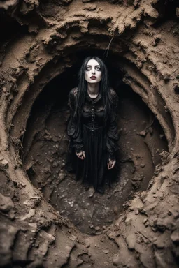 Closeup tall Girl goth with big eyes, fullbody, ragged clothes, behind her mud and rats, extended like roots, the perspective looking up from the bottom of an empty well , 8k,macro photography,