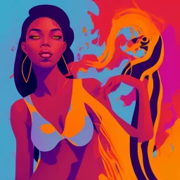 Portrait of beautiful black woman, illustration, bright colors, long hair