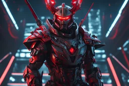 Cyber Machine in 4k realistic cg artstyle, samurai them, neon red details, full body, apocalypse, intricate details, highly detailed, high details, detailed portrait, masterpiece,ultra detailed,best quality