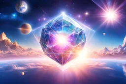 Enlighten, highly detailed image of the Earth traversed of 12 interconnected dodecahedral, diamond-shaped rays of light, cosmic reality bright cristal glitter sunny magic morning with wonderful sunshine on the sky, white gold light pink blue shining graduated colours, nice magic atmosphere, cosmic ambiance, starships, stars, hyper ultra realistic, 32 K, tom bagshaw, greg rutkowski, global illumination, radiant light bright sky, intricate details