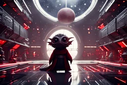 fluffy big eyed baby dragon sith lord in the big hall in second death star and a view to a star wars planet, and christmas tree and sith gifts and a few spacer ships, cinematic eye view, all sharp