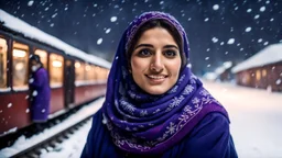 Hyper Realistic Photographic Low-Angle View Of A Beautiful Young Pashto Woman With Beautiful Eyes Lips & Nose (Wearing Beautiful Navy-Blue Frock With Purple Embroidery & White-Wool Scarf With Her Long Black Whirling) Happily Sitting & Smiling At The Village Railway Platform At Heavy Snowfall Night Showing Dramatic & Cinematic Ambiance.