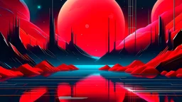 A digital art piece depicting the red moon slowly ascending over the crystal lake, with a futuristic and abstract style. The scene includes geometric shapes and neon colors, giving it a modern and otherworldly look. SUFFIX: The image conveys a sense of mystery and wonder, inviting the viewer to explore its hidden meanings