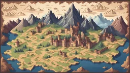 Бумажная карта в средневековом стиле с нарисованными горами равнинами и замков вид сверху 2d pixelart