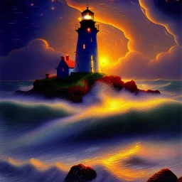 Fantasy, light house, Rocks, lighting, surreal, waves crashing below, 8k, sunset, sketch by Van Gogh in oil