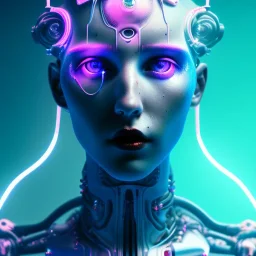 singer Danish MØ face, lumen lighting, led lights, <hanging wires> many wires connected to the head<perfect pupil> <cyborg> <garage> <sci-fi futuristic>