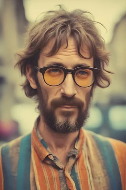 Hippie young man in his 40s with Parisian bohemian look and glasses of colours and poor and short hair on the head with receding hairline. Farsightedness glasses with big eyes. Long beard. Vintage look and feel like photos of the 70s