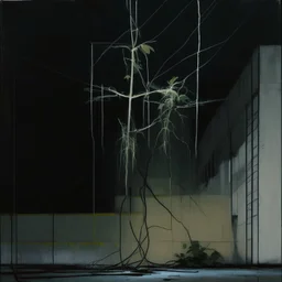 Minimal abstract oil painting of a plant in concrete warehouse brutalist architecture and hanging wires illuminated at night.In the style of Justin Mortimer and Phil Hale, Ashley Wood