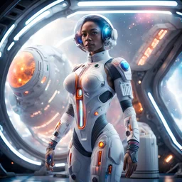 3 spaceship from year 3045 crew girl bodybuilders on white skin-tight space suit,12k, tiny details, extra sharp, real photo, working on futuristic with led lighting , round bridge with skylight seeing Multicolored gas nebulas,--ar 9:16