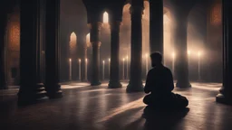 Hyper Realistic photographic view of a man praying-&-crying inside a Beautiful-Dark-Huge-black-Wall-Mosque-with-crafted-pillars-&-a-candle- with light rays from Islamic-Architecture-Windows showing dramatic-&-cinematic-ambiance at night