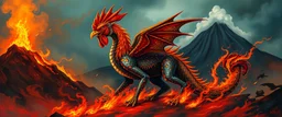 Neubraxas older than God fire and darkness volcano Haiti dragon with rooster head and serpent legs as a vision of the beginning of awakening within a dream of paint color and time, 365