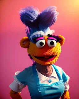 Portrait, hybrid character, waitress woman with monster muppet mask that covers her entire head, retro style, Sesame Street style, smooth, unreal engine 5, god lights, ray tracing, RTX, lumen lighting, ultra detail, volumetric lighting, 3d.