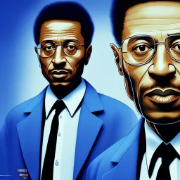 Gustavo Fring, as depicted in the TV show Breaking Bad, wearing his characteristic blue-and-white striped shirt and slacks, with a neutral expression on his face