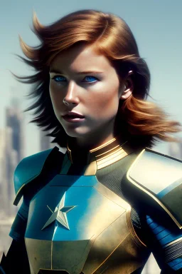 ultrarealistic, ruined city,__skimpy N7 armor__, no star, __angles__, 18 year old woman, strikingly beautiful,ginger hair, _colour_, [__starlets__|__starlets__], (pale __skincolor__ skin:1.2), __camera__, _hair_, detailed face and eyes, medium breasts, sci-fi theme, freckles, dynamic pose, resolved expression, __accessory__, strappy outfit, (straps:1.1), sword in scabbard on left hip, (buckles, buttons, snaps, rings:1.0), haltertop style breastplate, detailed eyes, plump lips