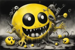 Pac-Man fever making me crazy, surreal horror by Joel-Peter Witkin, Jeff Soto and Stephen Gammell, color illustration, hyperreal, nightmare, yellow and black color scheme