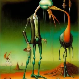 anthropomorphic sepsis metaphoric image with very long legs, failing the biomorphic Ibis inquisition, surreal, sinister, profound, dramatic, oil painting, fantastical, by Ray Johnson and Max Ernst