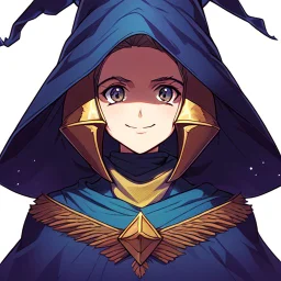retro anime style, warrior, helmet, witch robe, expression smiling, portrait