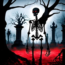 Among the flickering shadows of the cemetery, on the border between the world of the living and the world of the dead, stands a creature of incomprehensible greatness. A skeleton of enormous stature, its bony limbs firmly rooted in the ground, like the roots of a tree penetrating into the very center of the earth. Red eyes sparkle from beneath the dark hood, piercing the darkness of the night. A black mantle, like a cloak of death, envelops his body, rising above the coffins and graves.