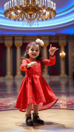 a 3 years old girl in modern clothing and makeup dancing with cute and joy and singging in azeri "in a modern royal hall