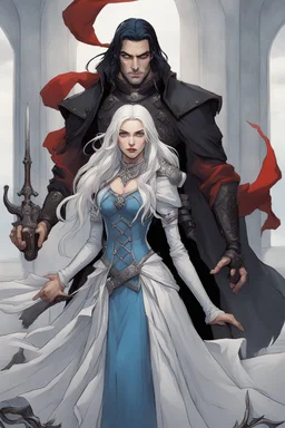 A couple, from the dnd game curse of Strahd. The woman has long white hair and blue eyes, the man has LONG BLACK hair and red eyes, no facial hair. He is standing protectively behind her.