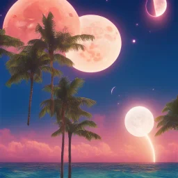 1980's vaporwave aesthetic palm trees with lightning with lunar eclipse moon crescent in the ocean waves sunset