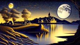 The night summer landscape with a huge moon is painted on a blonde background, highly detailed, in the style of light gray and dark gold, exquisite craftsmanship, neoplasticism, polished metamorphosis, loose paint application, poetic elegance, intense use dnote palettes with 8K details HD.