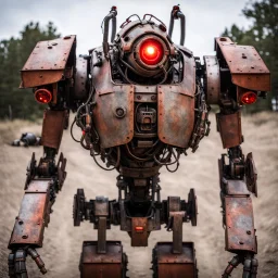 trash mech suit, human-sized, made of scrap metal, cockpit, light rust, round, one red glowing eye, loose wires, escape hatch