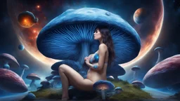 beautiful women sitting without bra on a big blue mushroom in space, planets at the back ground, hyper realistic.